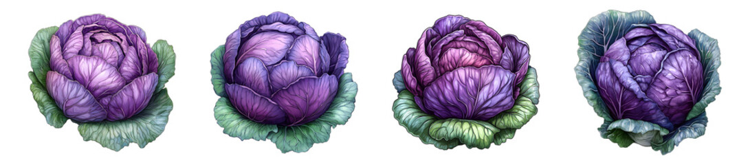 Obraz premium Set of Four Purple Cabbages Isolated on Transparent Background PNG
