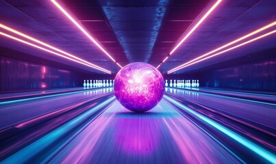 A purple bowling ball in a neon lit alley.