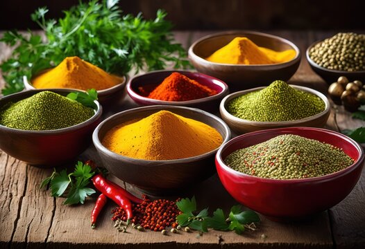 close display colorful bowls filled vibrant spices including red golden green white cumin rustic table, paprika, turmeric, coriander, yellow, organic