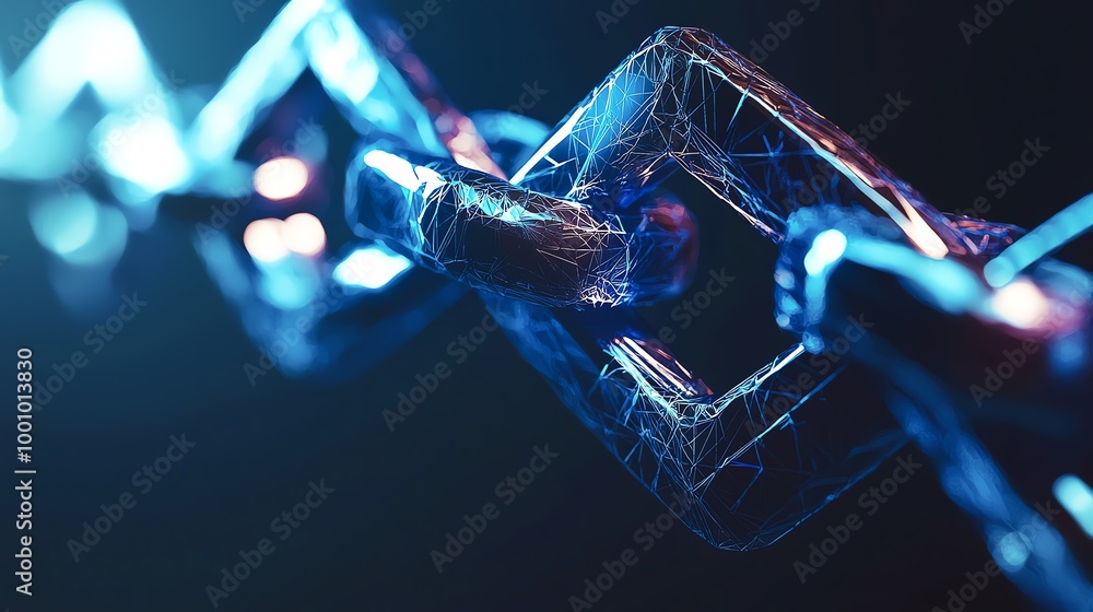 Aufkleber close-up of a futuristic chain link, illuminated with vibrant lights, representing connection and te