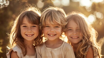 Fototapeta premium Three happy children with different hair types, smiling warmly in a friendly