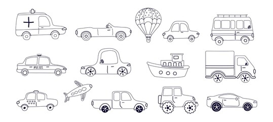 A set of modern cars. Taxi, police, convertible  small car. Urban types of cars in a flat style. for the web, print, banner. modern art  illustration.