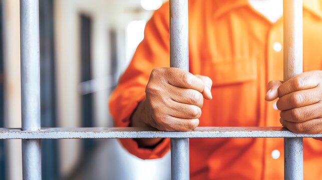 Close-up of hands gripping prison bars in an orange uniform, symbolizing confinement and justice.