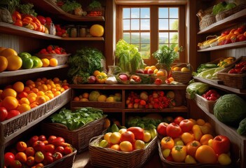 Obraz premium colorful display fresh food donated neat organised pantry vibrant items tidy arrangement, canned, goods, fruits, vegetables, assortment, donations, shelves