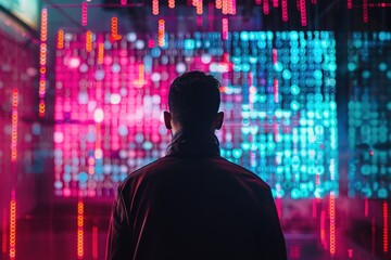 Fototapeta premium Silhouette of a man looking at the stock market data, Ai generated