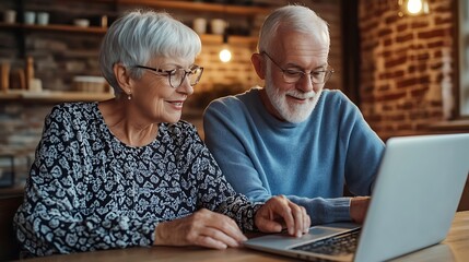 Elderly couple smiling while using laptop at home