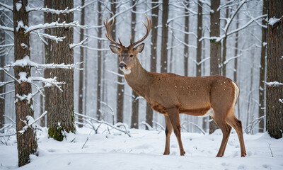 A white-tailed deer stands in a snowy forest, its antlers branching towards the sky