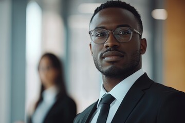Fototapeta premium Professional Man in a Suit Standing Confidently in a Modern Office During a Business Meeting