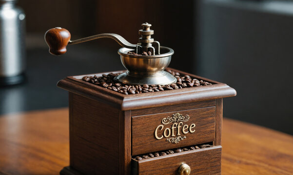 A vintage coffee grinder sits on a wooden table, ready to grind fresh coffee beans for the perfect cup