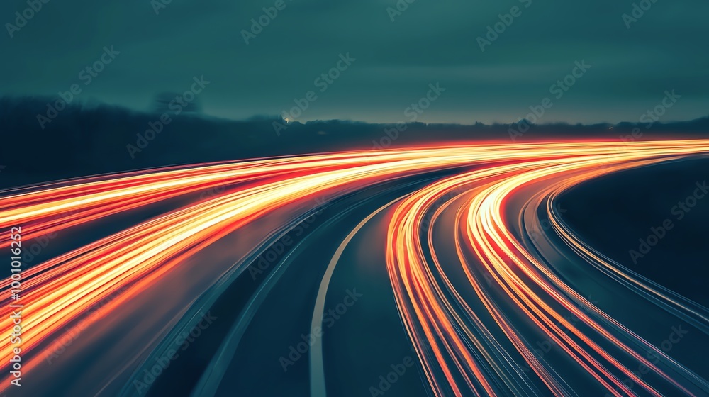 Poster dynamic light trails create a mesmerizing effect on a winding road at dusk, showcasing motion and sp