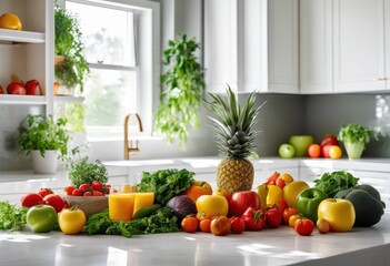 colorful fresh fruits vegetables lined spotless kitchen countertop surrounded bright natural light minimalist decor, healthy, clean, organic, vibrant, display