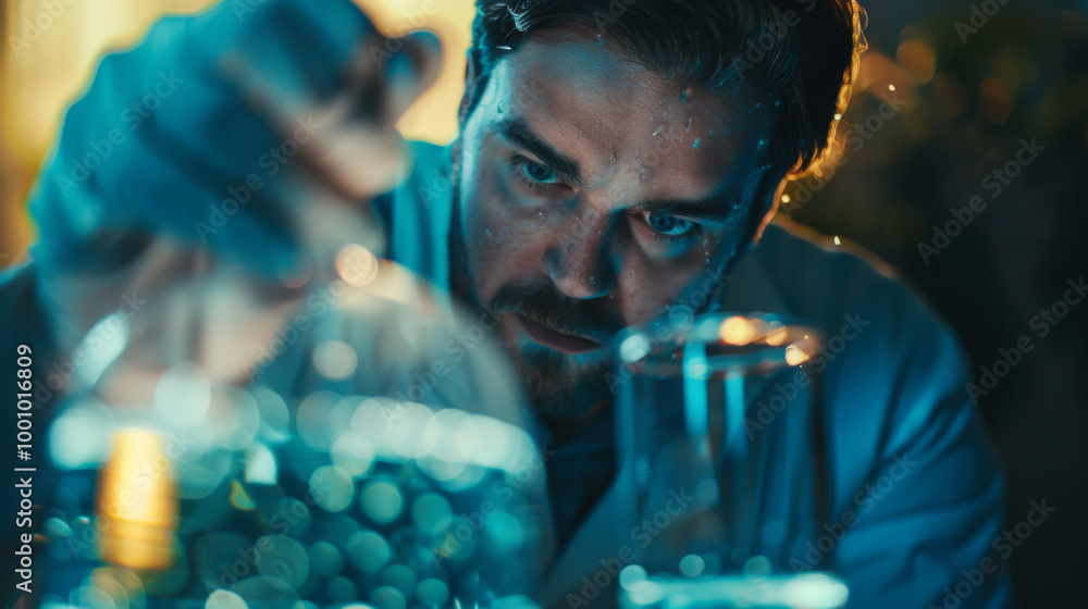 Poster scientist conducting experiments in a laboratory during twilight hours