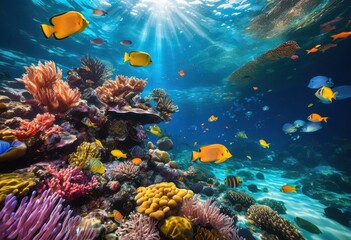 vibrant underwater seafood composition showcasing colorful marine life natural lighting effects, aquatic, fish, ocean, coral, shellfish, shrimp, crab