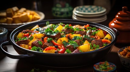 a moroccan cuisine, a slow cooked lamb tangine consisting of juicy well marinated lamb chunks infused with herbs and spices, slowly cooked garnished with parsley and chopped tomatoes and shallots