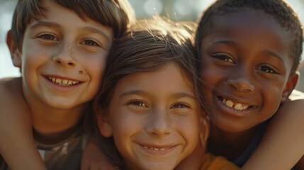 Fototapeta premium Three happy kids from different backgrounds, smiling together