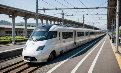 Naklejka premium A long train is sitting on the tracks at a train station