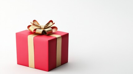 Obraz premium Bright red New Year gift with a gold bow, isolated on white background, with clean lines and festive holiday style.