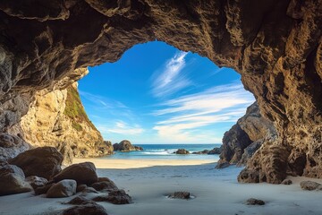 Fototapeta premium Scenic view of a beach through a cave opening