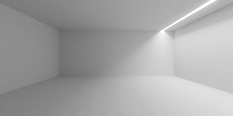 Obraz premium Empty, blank white room with light opening on the right of the ceiling, interior template with copy space