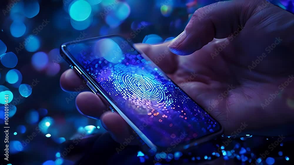 Poster photo realistic hand scanning fingerprint on mobile device - clean background for graphics and text 