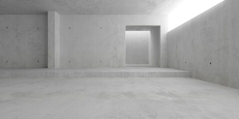 Abstract empty, modern concrete room with stripe window on the right, door to back room and rough floor - industrial interior background template