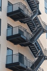 modern apartment building with metal fire escape stairs