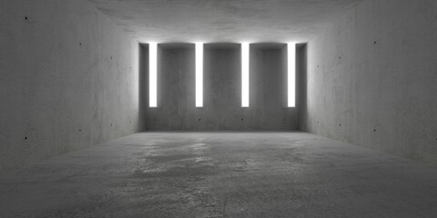 Abstract empty, modern concrete room with vertical offset light strips on the back wall, rough floor and ocean view - industrial interior background template