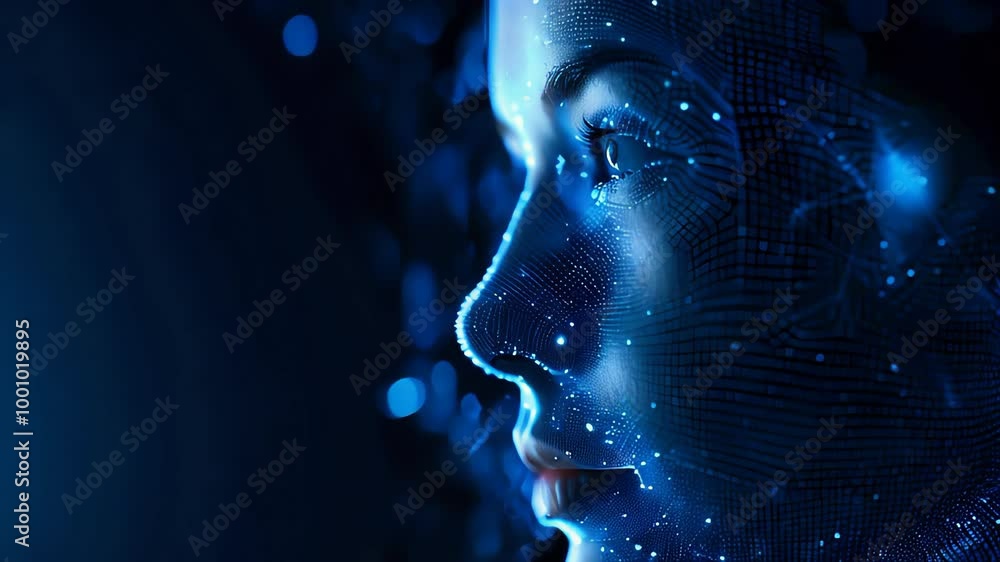 Poster photo realistic human face scanning for access concept on mobile device with ample blank space for t