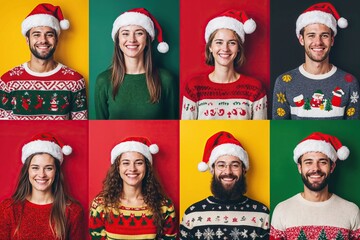 Grid of 8 people with Santa hats and Christmas sweaters isolated on bright colors