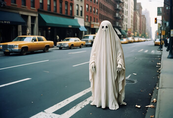 Creepy realistic ghost standing in the street vintage photo.