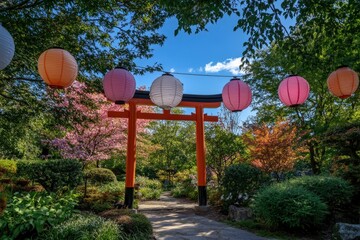 Colorful Japanese garden with lanterns and blooming trees