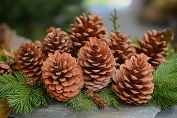 A Close-Up of Pine Cones and Evergreen Branches on a Slate Surface