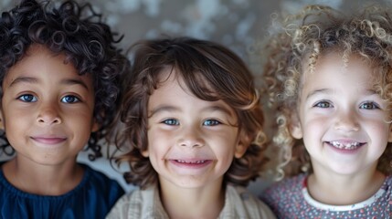 Three joyful children with different hair types, smiling warmly