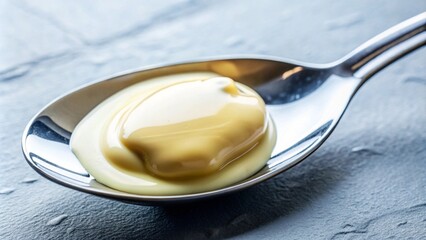 Close up spoon with sweet condensed milk isolated on background, sweet sauce for food or bread dipping.