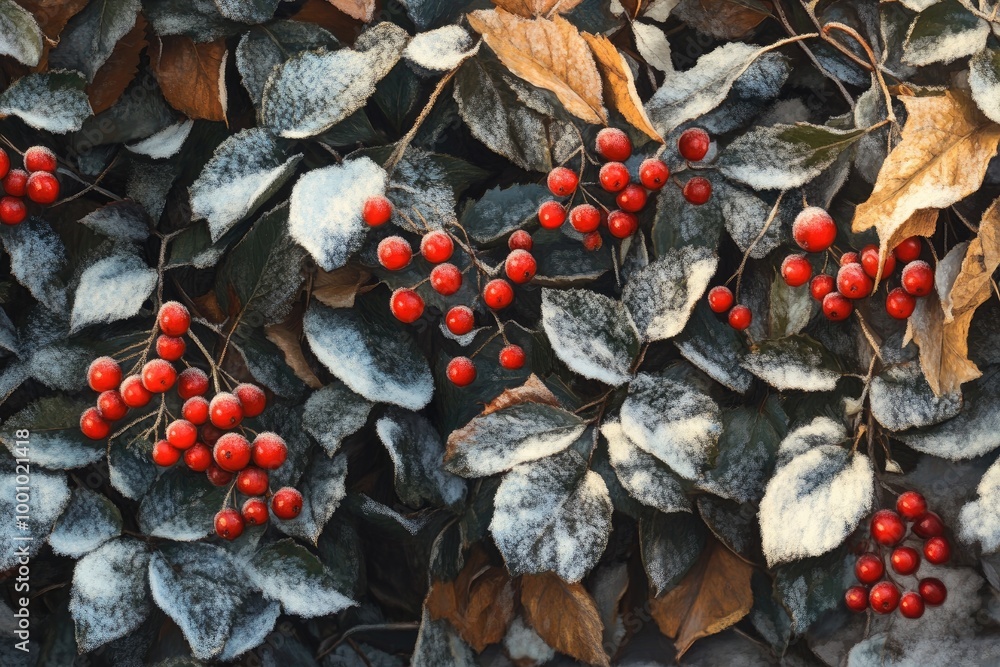 Poster Red Berries on Snow-Covered Leaves in Winter