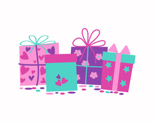 Gifts in boxes. Bright colorful festive packaging. Doodle drawings. Boxing day. Holiday, Birthday, Christmas. Vector illustration.