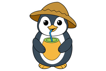 Penguin in Beach Hat Sipping Coconut Drink Animal Clipart Vector Illustration