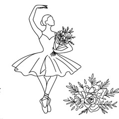 Graceful ballerina with a bouquet of flowers in her hand bowed, minimalist style, single line vector outline drawing
