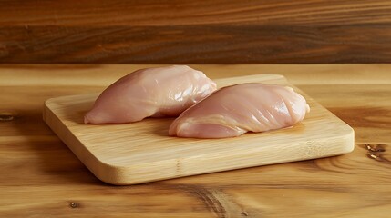Raw chicken breast fillets on a wooden board for meal prep