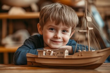 Smiling child posing with wooden toy ship