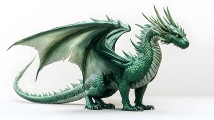 Obraz premium A dragon with deep emerald scales, glowing in the light of a plain white background, exuding elegance and power