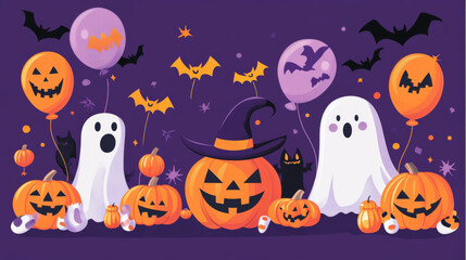 A festive Halloween scene with a pumpkin, witch hat, ghost balloons, pumpkins, bats, and candy corn. Spooky decorations against a purple backdrop make it perfect for a Halloween banner or poster.
