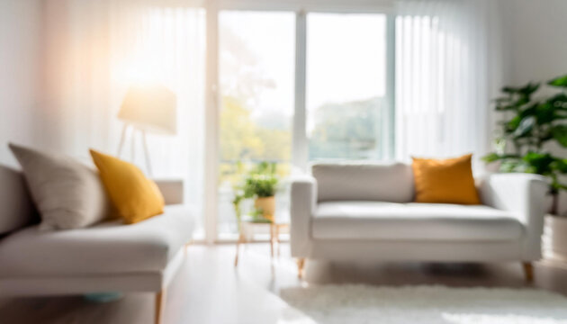 Blur living room at home with morning sunlight at big window for background usage. blur interior background concept.