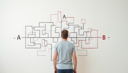 A man stands in front of a wall displaying a complex diagram or flowchart, contemplating a solution or next step.
