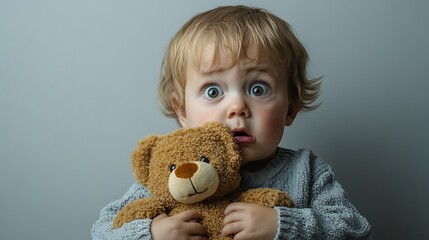 A horrified child clutching a stuffed toy, staring into the distance with fear, on a solid gray background with copyspace.