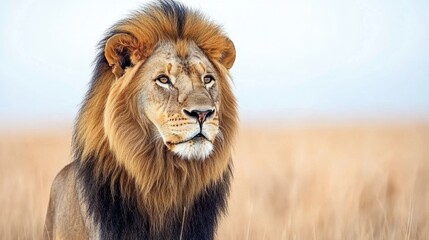 Fototapeta premium Majestic lion in a serene savanna landscape