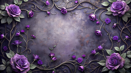 dark lilac concrete surface intricate floral frame purple roses fantasy vignette vines flowers