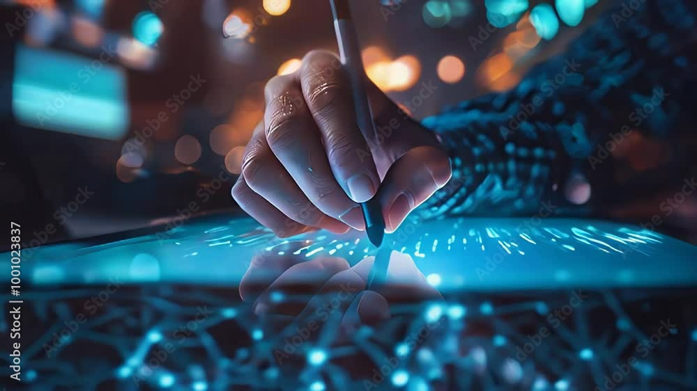 Aufkleber photo realistic human hands using graphic tablet with design software interface � creative work task