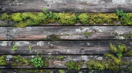 Closeup of moss and small plants growing on weathered wooden planks.