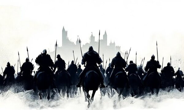 Army of Knights with Castle in the Background, Ink Style Illustration